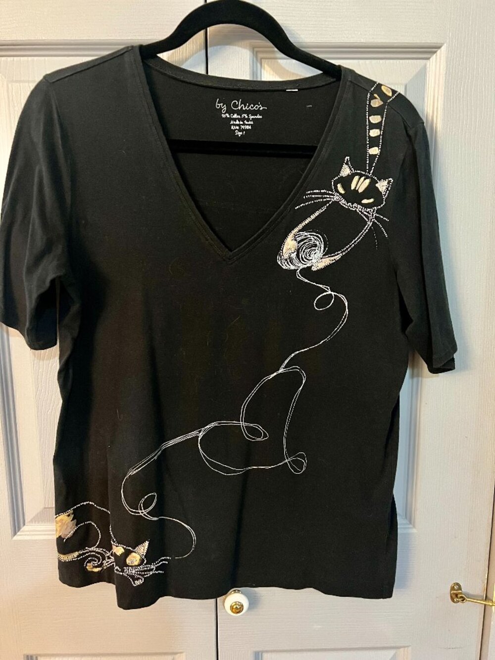 Chicos Black V Neck Tee with Embroidered Cats